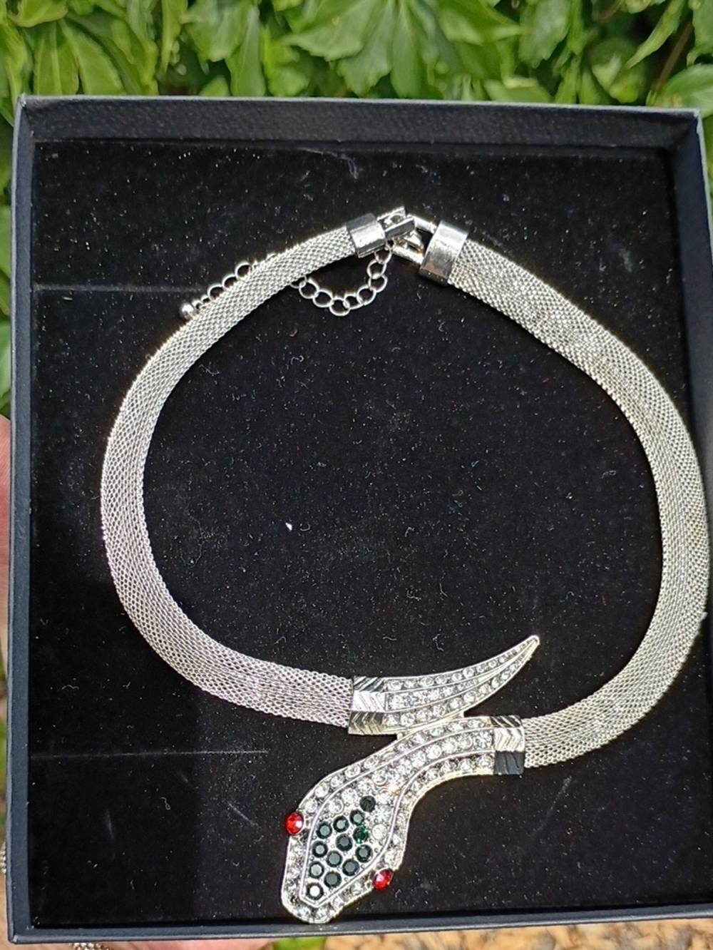 Silver Tone Snake Pendant Choker Necklace with Red Accents